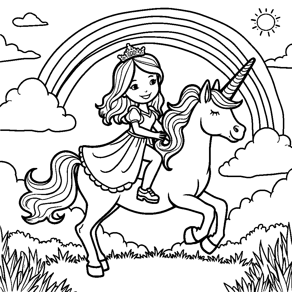 Princess riding a unicorn under a rainbow