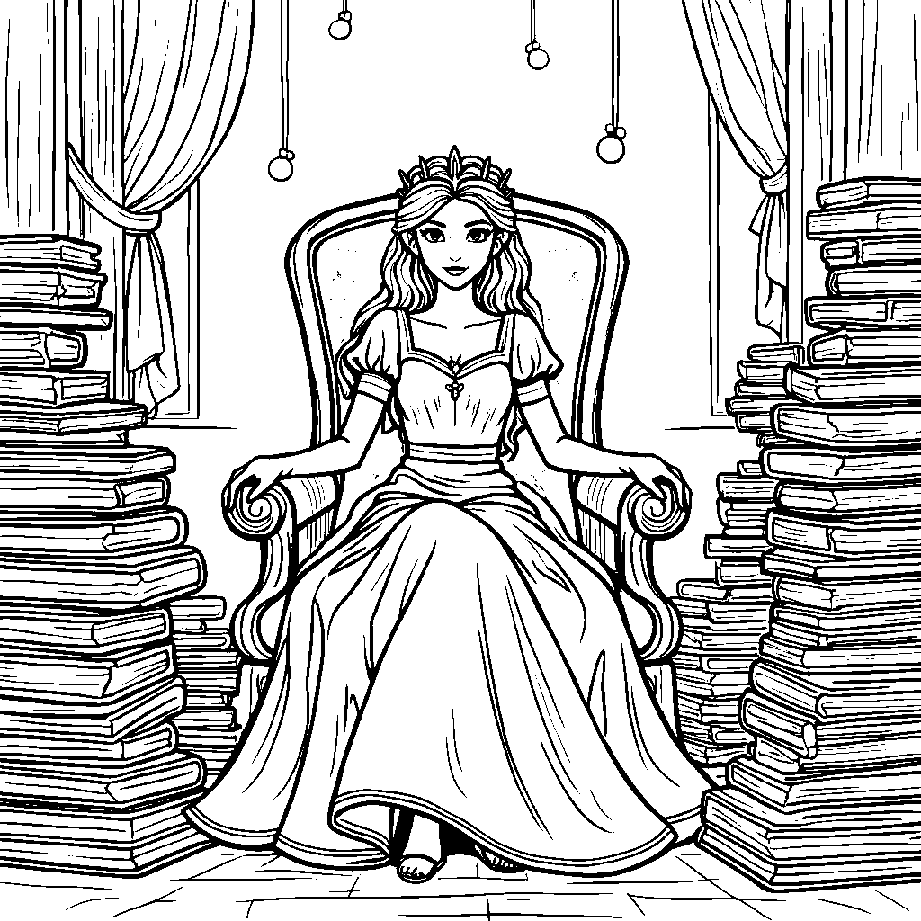 Princess sitting on a throne surrounded by books