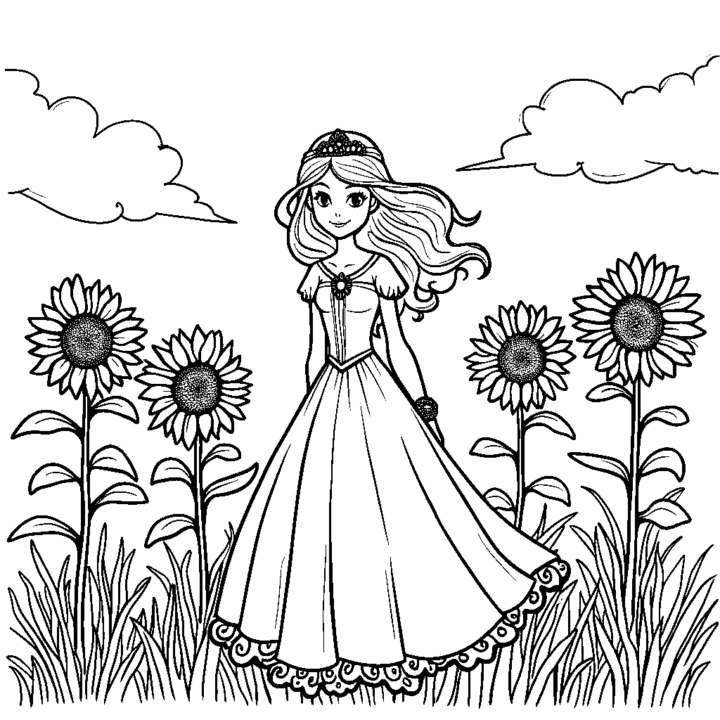 Princess standing in a field of sunflowers on a sunny day