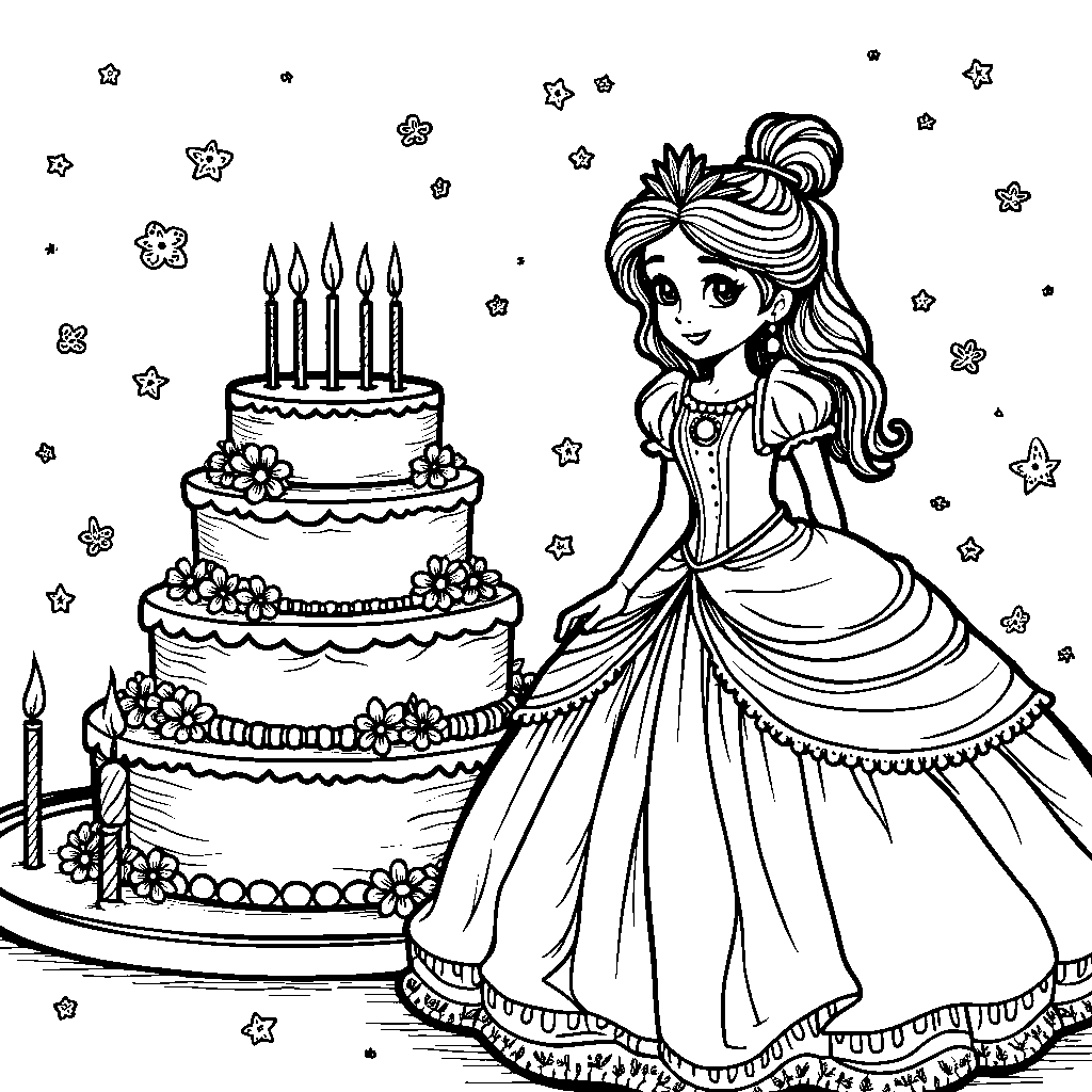 Princess standing in front of a giant cake with candles