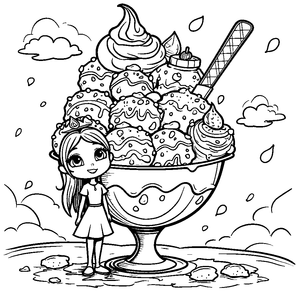 Princess standing in front of a giant ice cream sundae