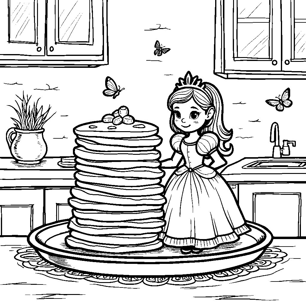 Princess standing in front of a giant stack of pancakes