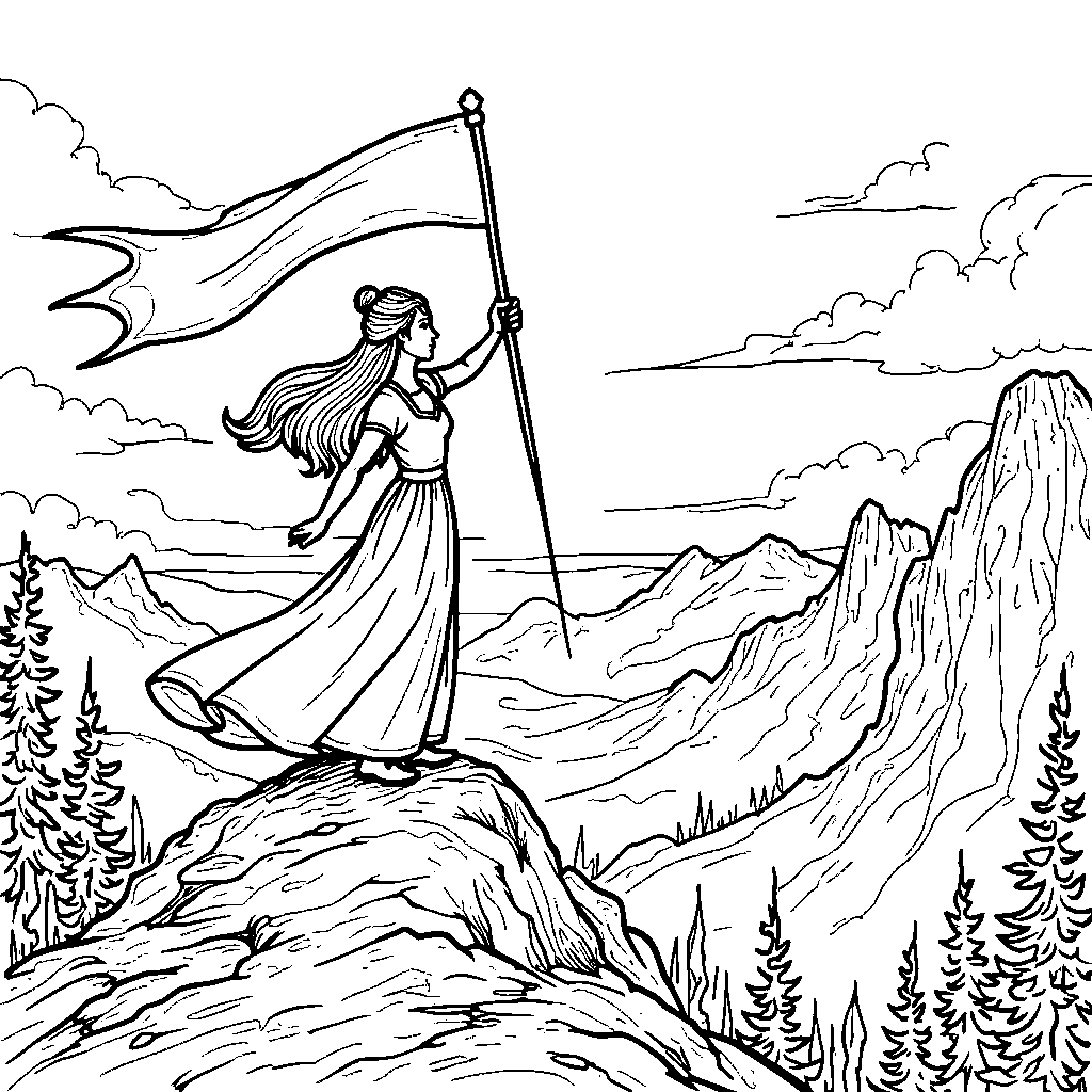 Princess standing on a mountain peak with a flag