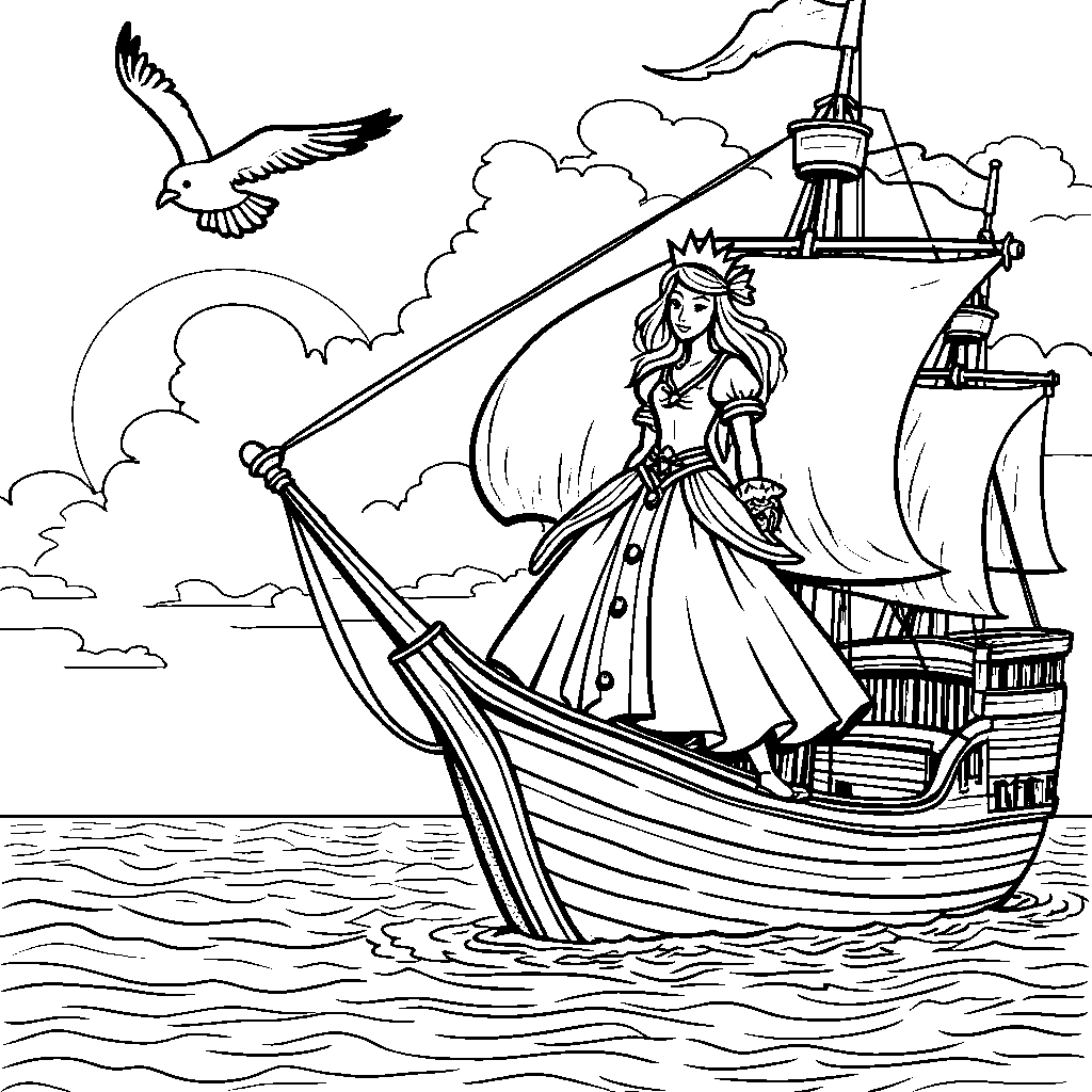 Princess standing on the bow of a pirate ship