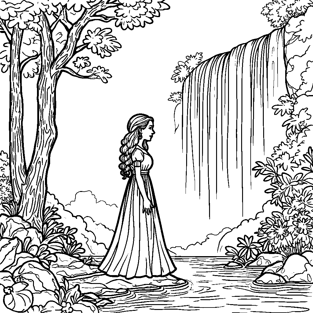 Princess standing on the edge of a sparkling waterfall