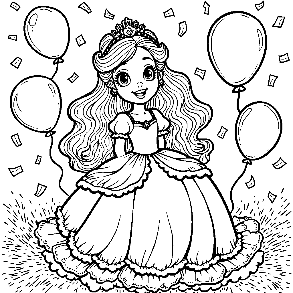 Princess surrounded by balloons and confetti