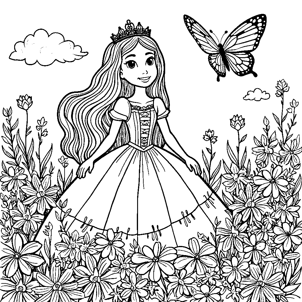 Princess surrounded by butterflies and flowers