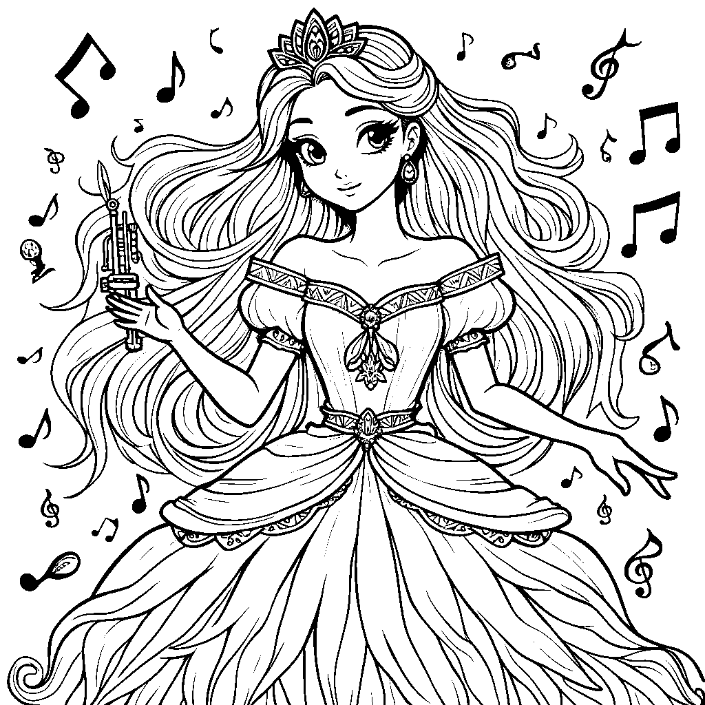 Princess surrounded by musical notes and instruments