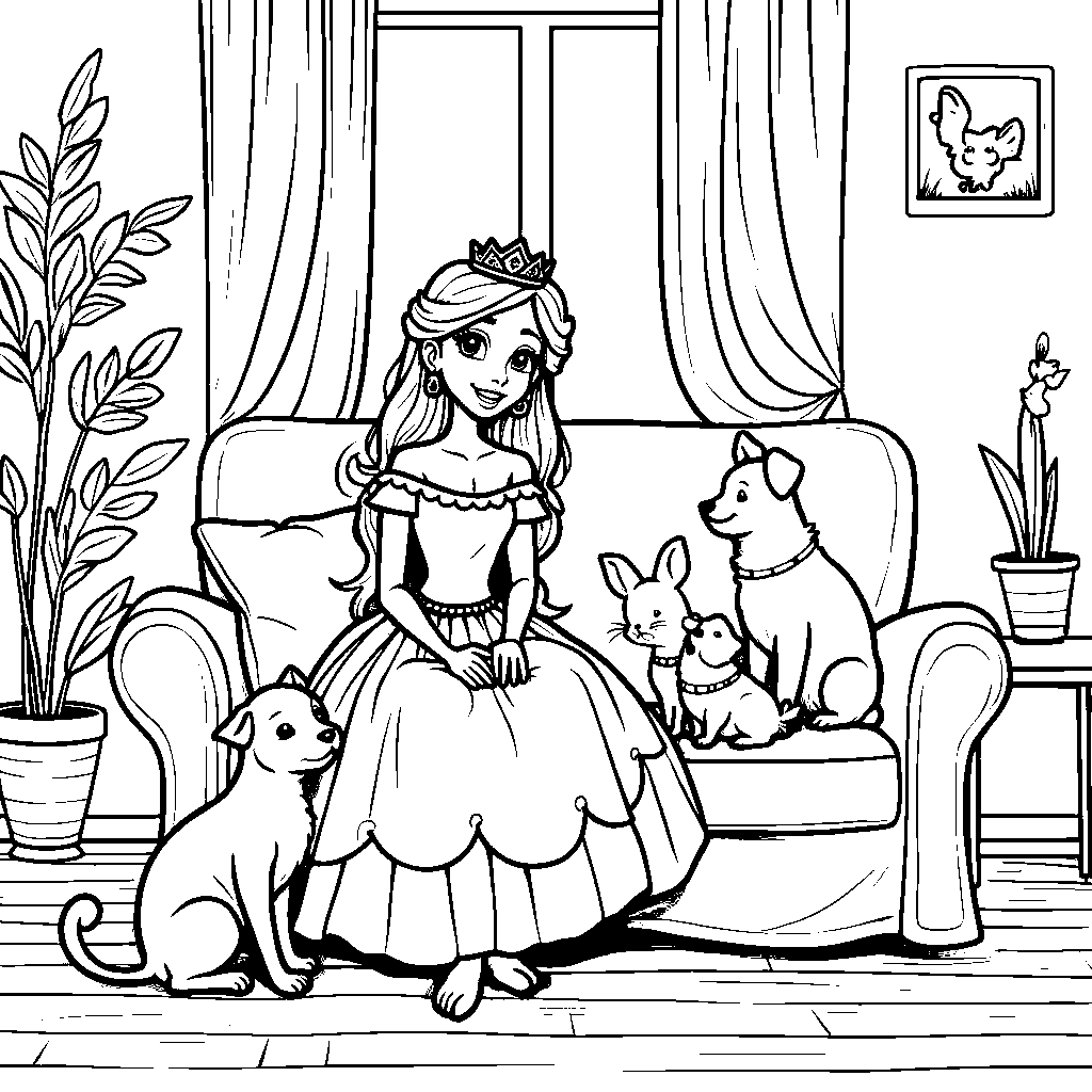 Princess surrounded by pets in a cozy living room