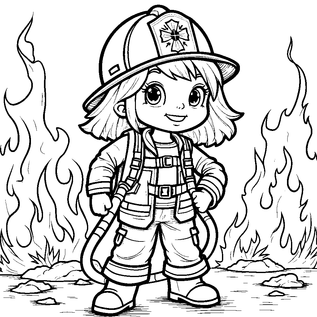 Princess wearing a firefighter helmet and holding a hose