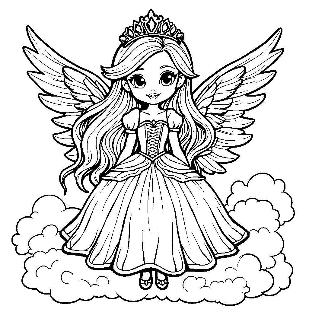 Princess wearing a pair of wings and standing on a cloud