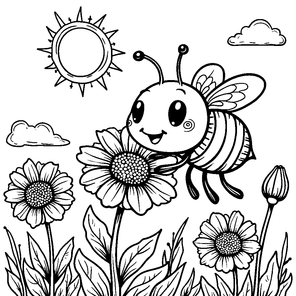 Cartoon bee collecting nectar from a bright purple flower