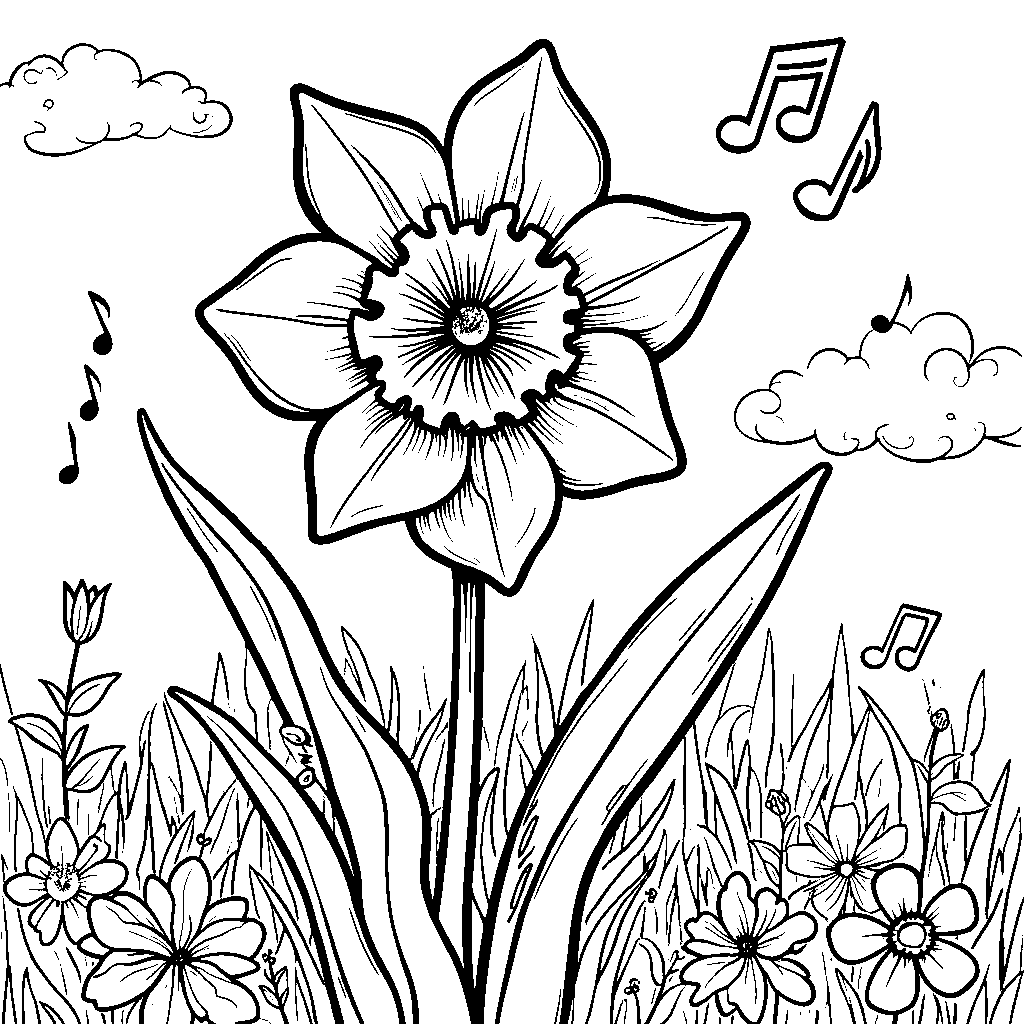 Daffodil trumpet with musical notes and a happy face