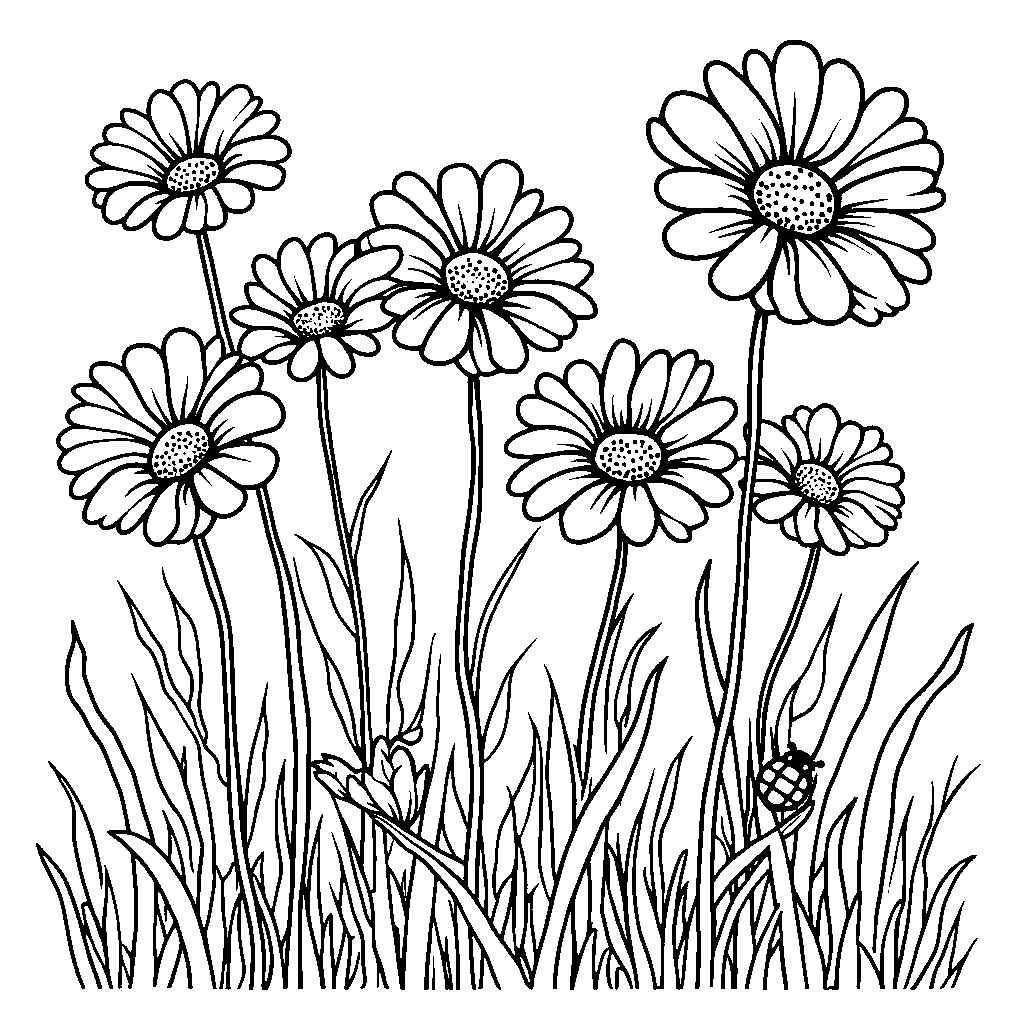 Daisy chain with a hidden ladybug and delicate green stems