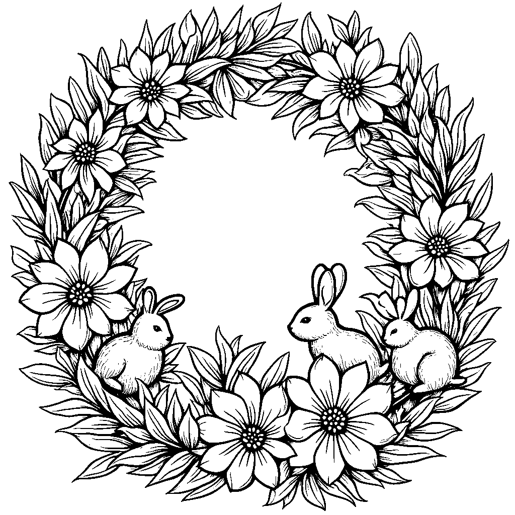 Floral wreath with hidden animals like rabbits and birds