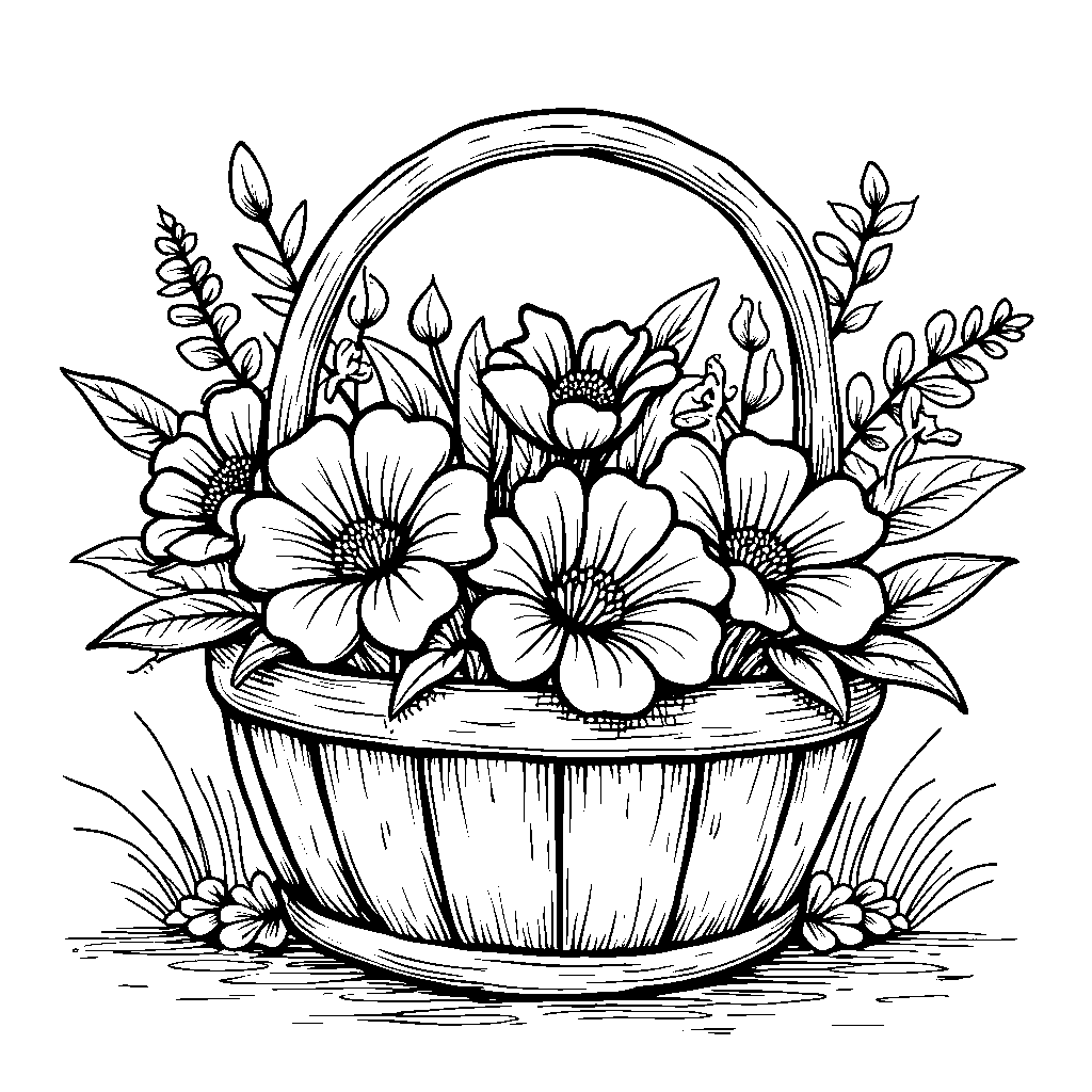 Flower basket with a handle and overflowing with blooms