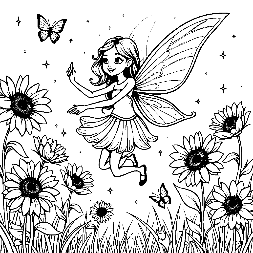 Flower fairy flying through a field of sunflowers