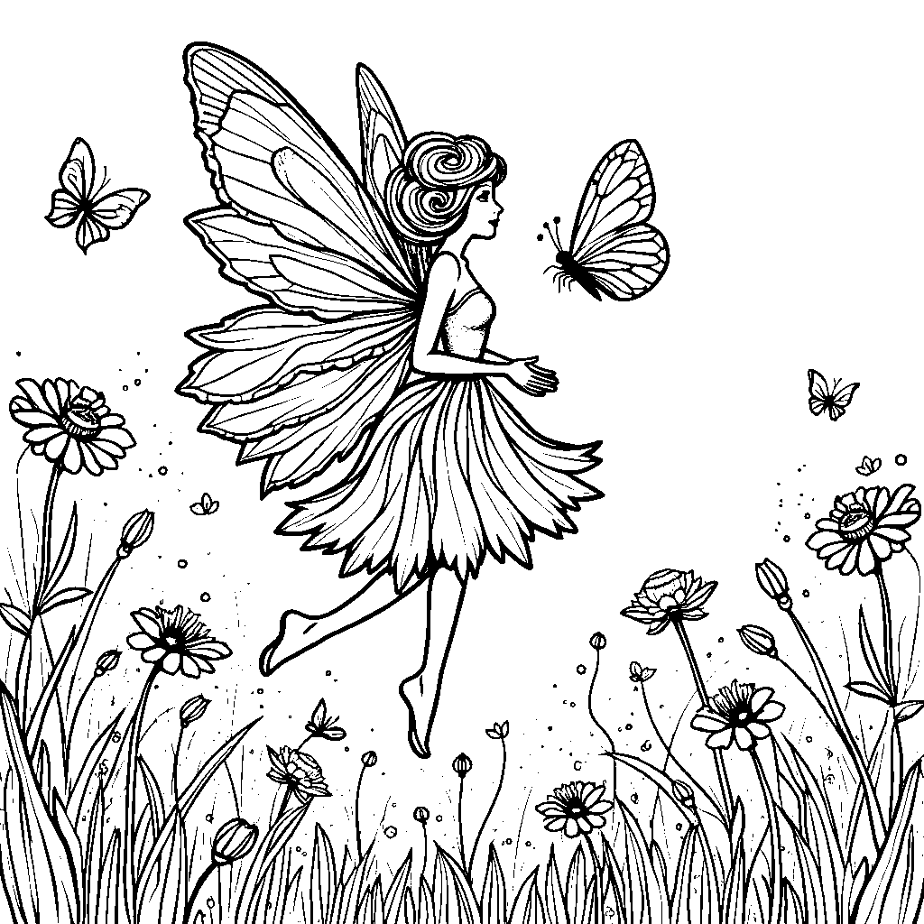 Flower fairy riding a butterfly through a field of flowers