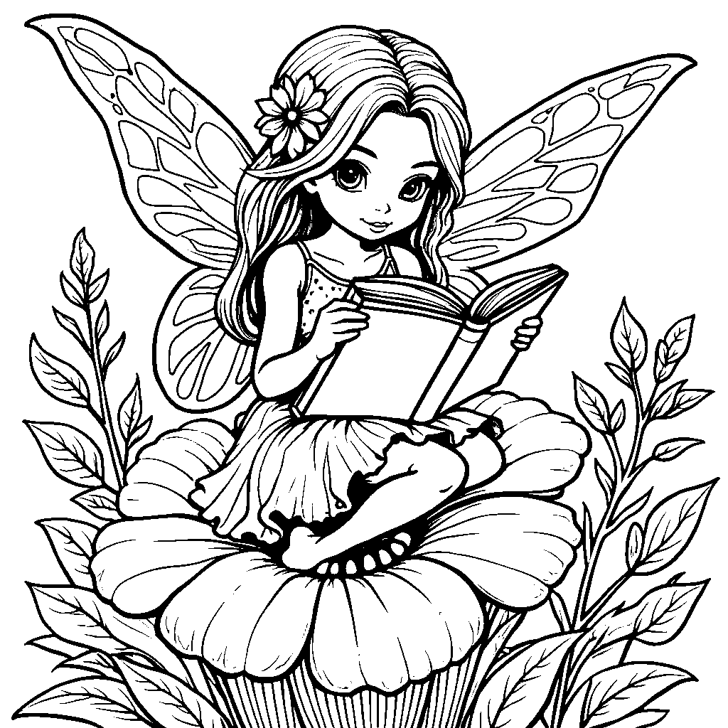 Flower fairy sitting on a flower, reading a book