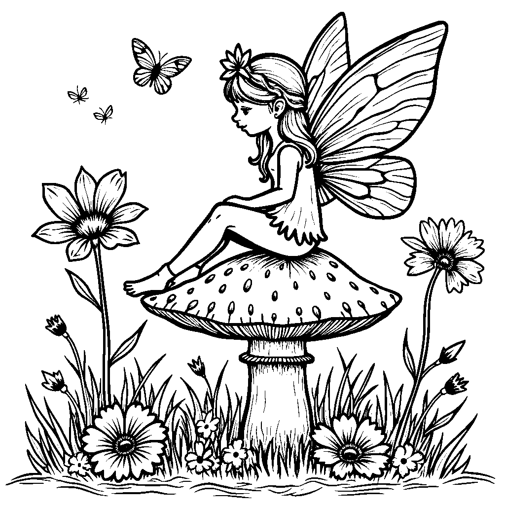 Flower fairy sitting on a toadstool surrounded by wildflowers