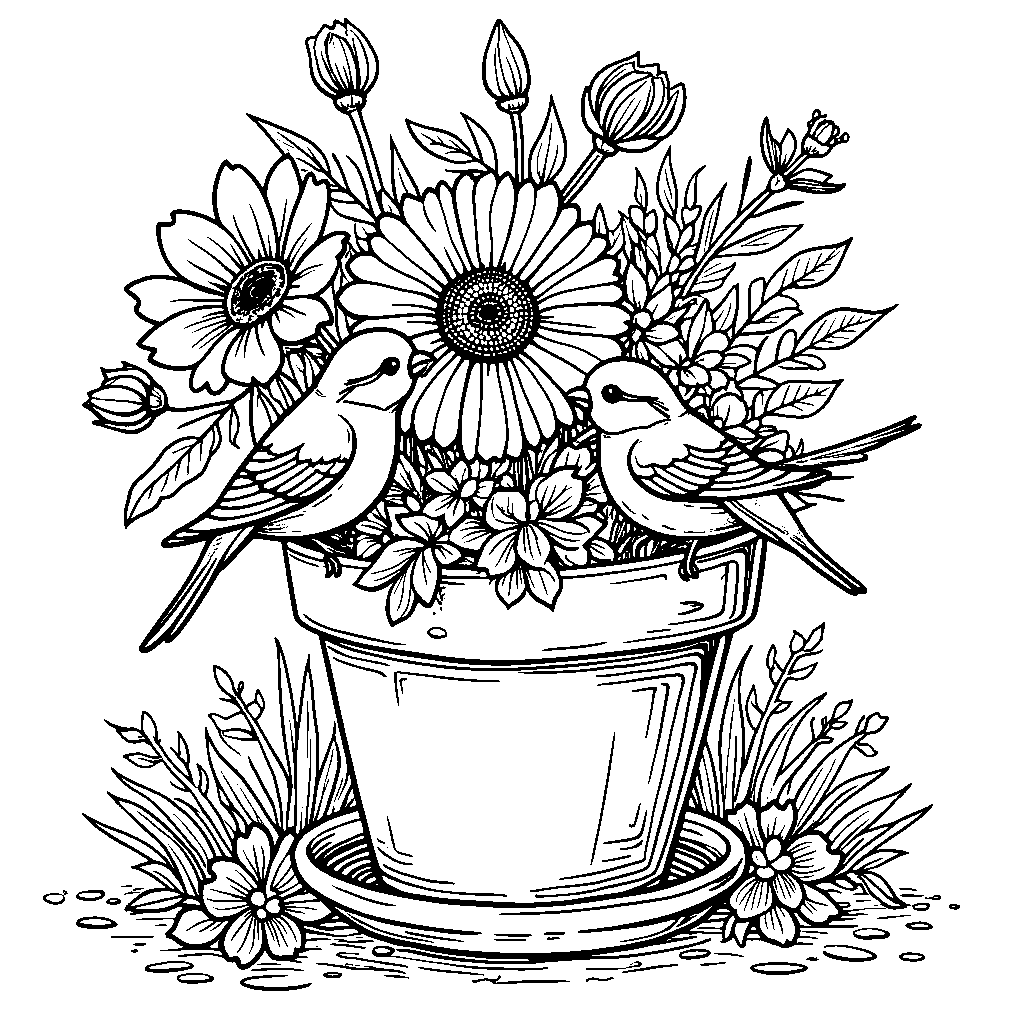 Flower pot with a built-in bird feeder and tiny birds