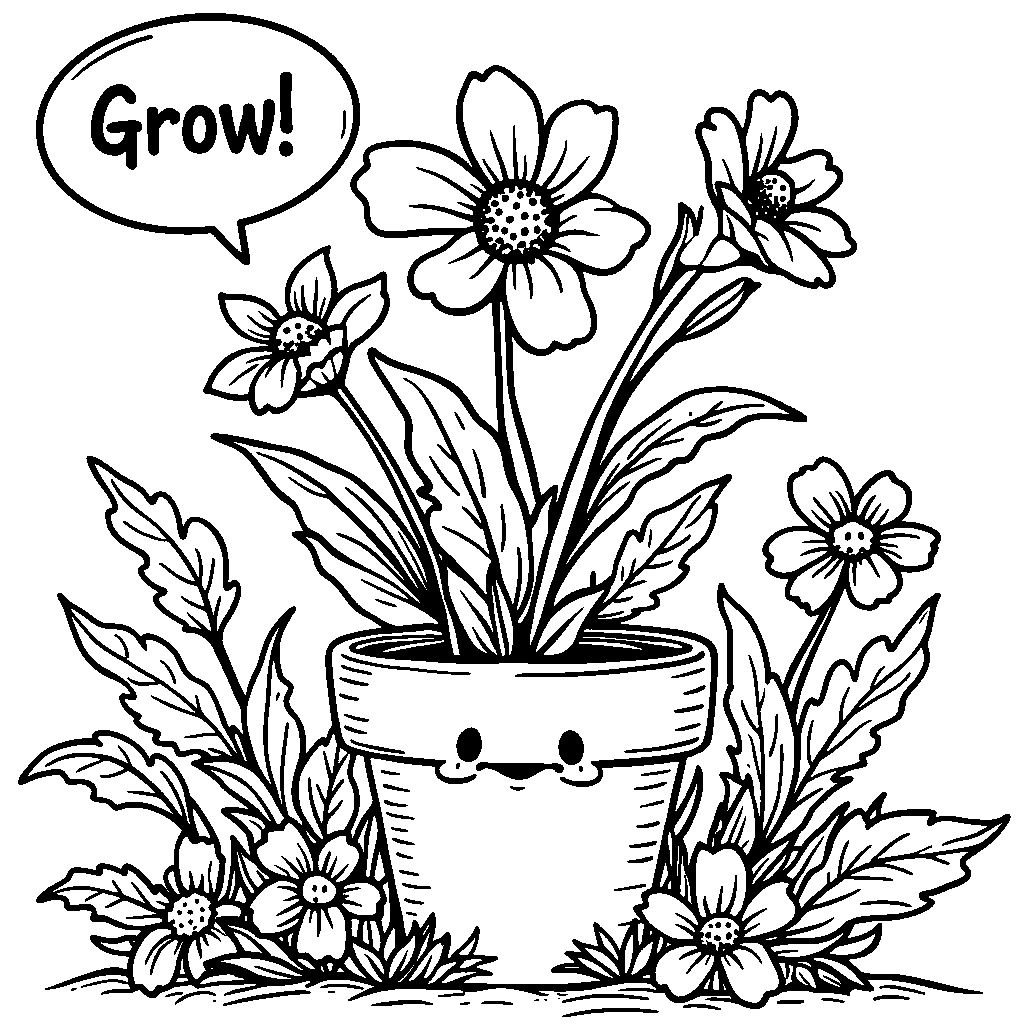 Flower pot with a face and a speech bubble saying 'Grow!'