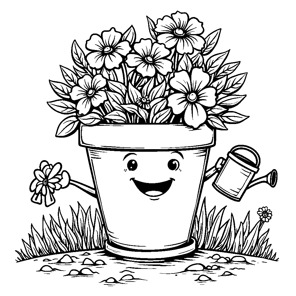 Flower pot with a face and arms, holding a tiny watering can