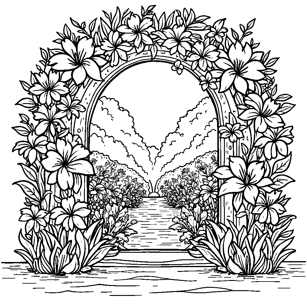 Flower wreath with a hidden door and a secret garden