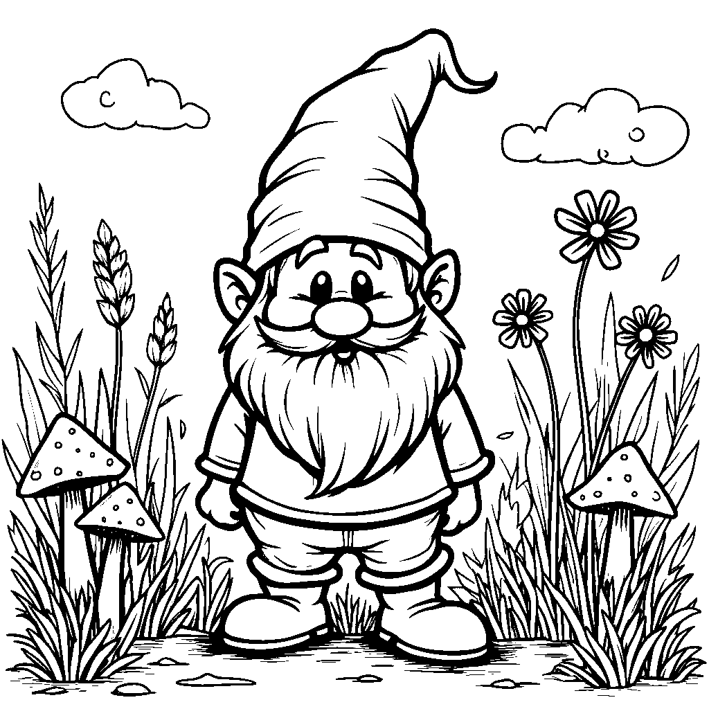 Garden gnome surrounded by colorful flowers and mushrooms