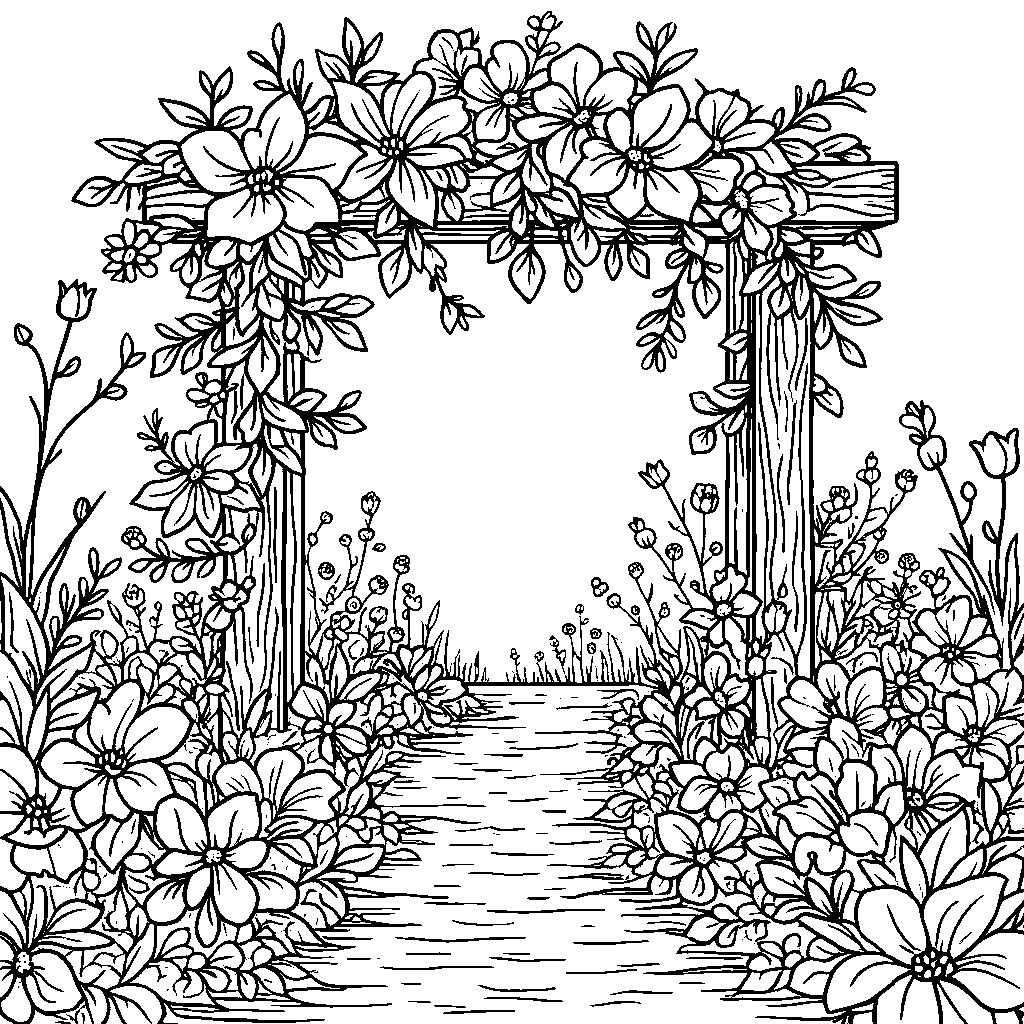 Garden scene with a flower-filled trellis and climbing vines