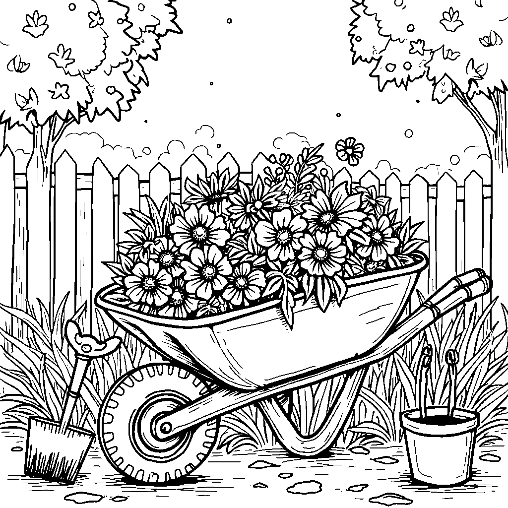 Garden scene with a flower-filled wheelbarrow and gardening tools