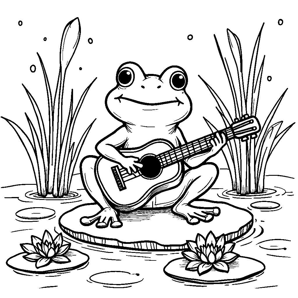 Lily pad with a frog playing a tiny guitar