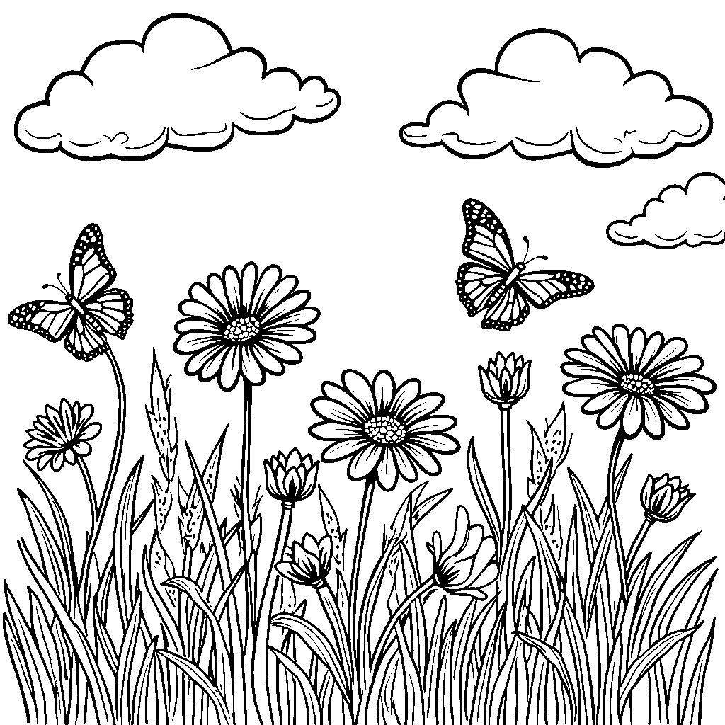 Rainbow-colored daisy chain with butterflies flying around