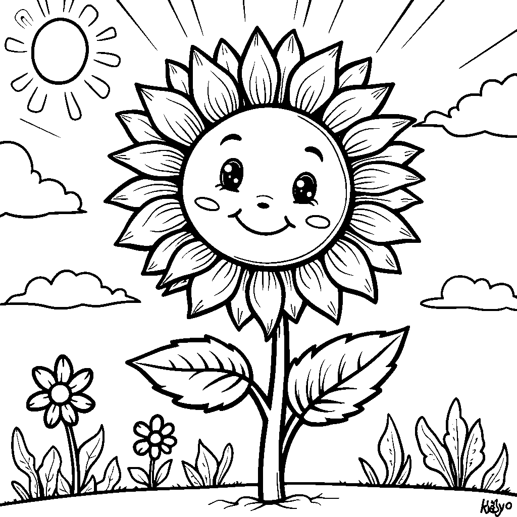 Sunflower with a smiling face and a bright blue sky