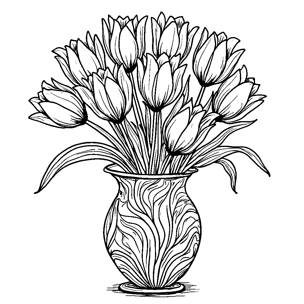 Tulip bouquet in a colorful vase with swirly patterns