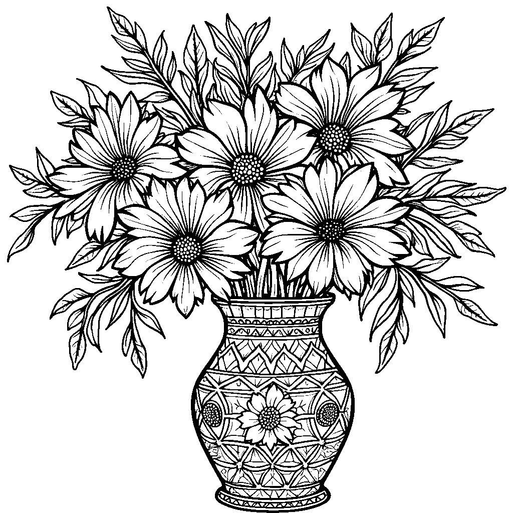 Vase with a bouquet of colorful flowers and decorative patterns