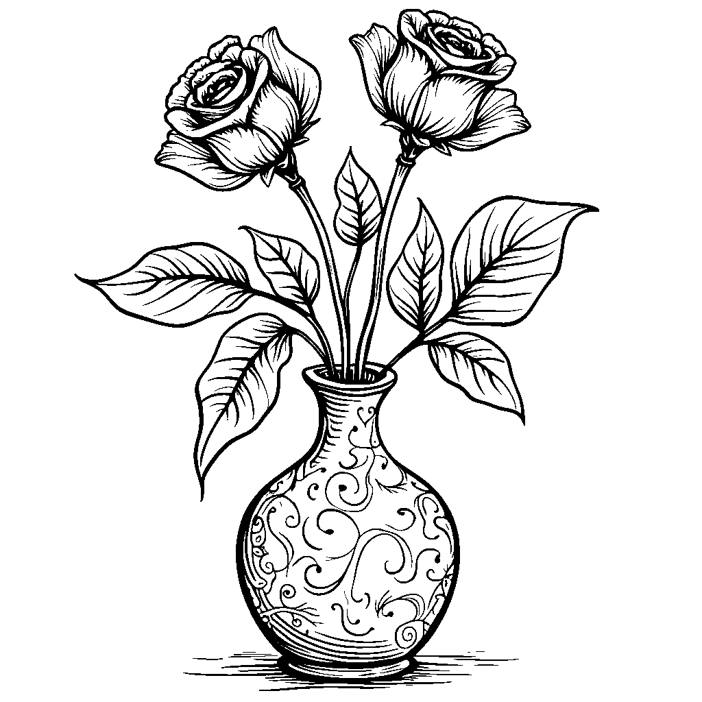 Vase with a single, long-stemmed red rose and decorative swirls