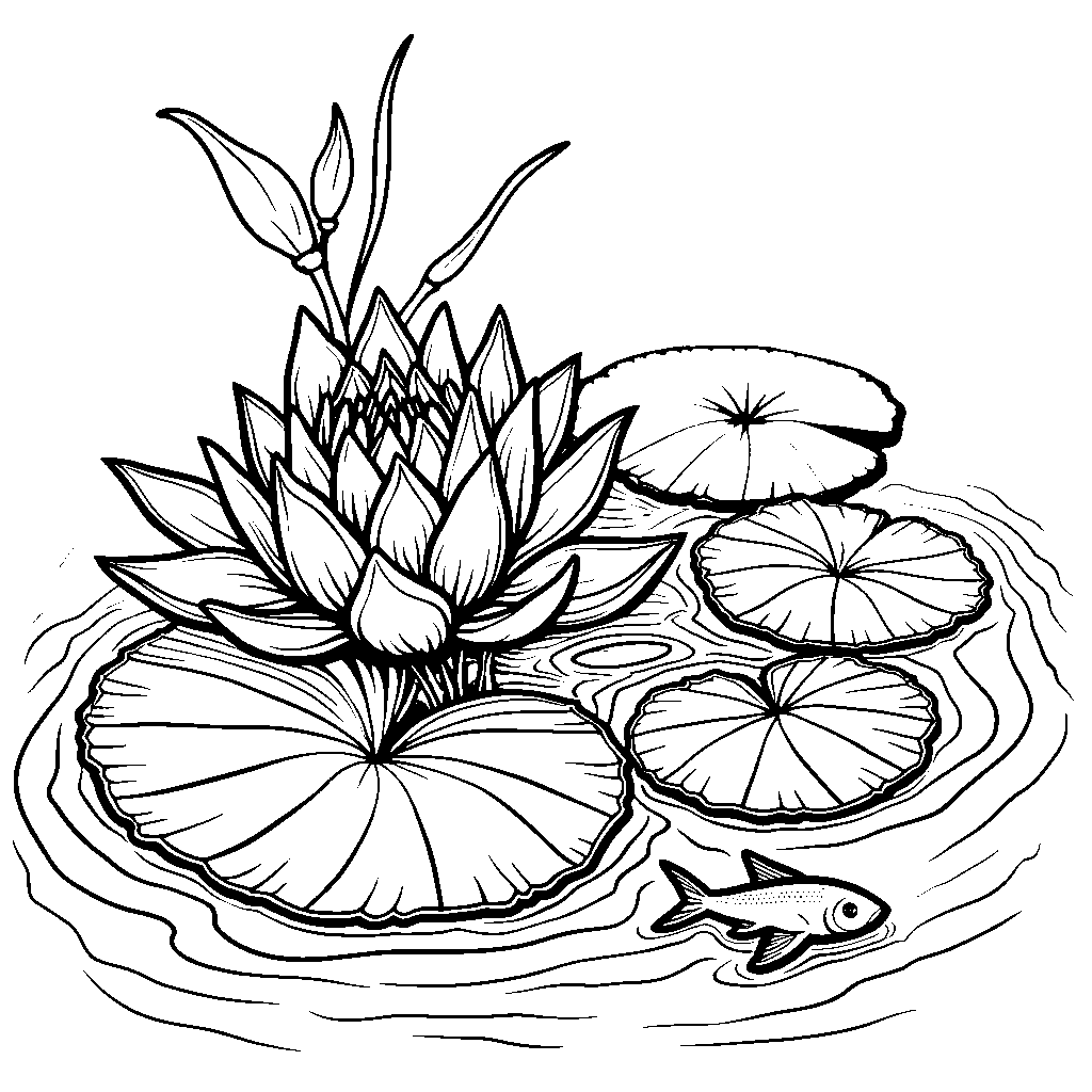 Water lily pad with a hidden fish and ripples in the water