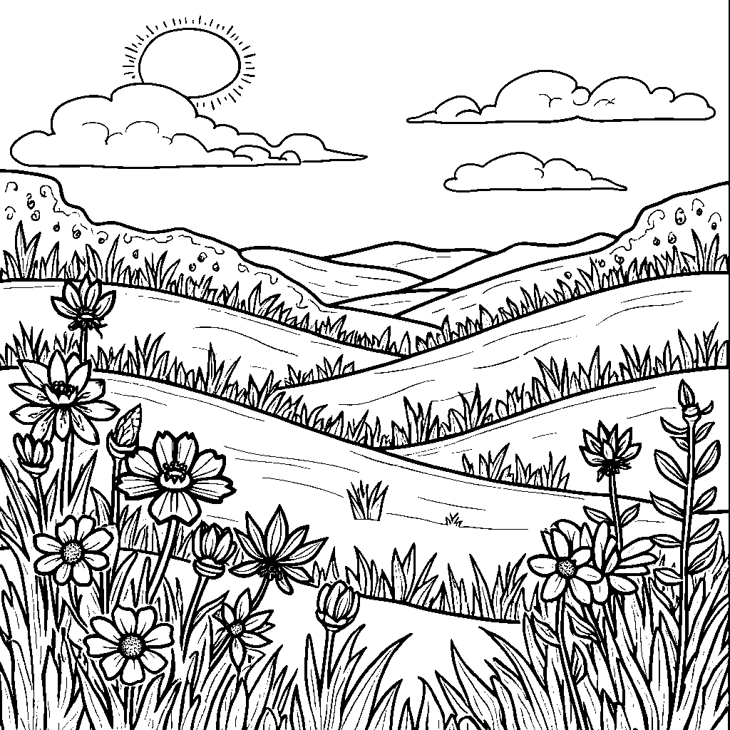 Wildflower meadow with rolling hills and a sunny sky