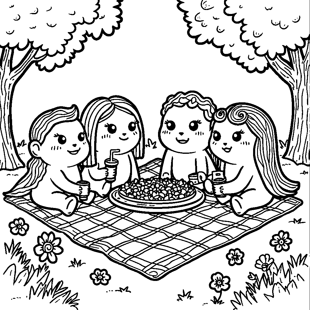 A group of rainbow friends having a picnic