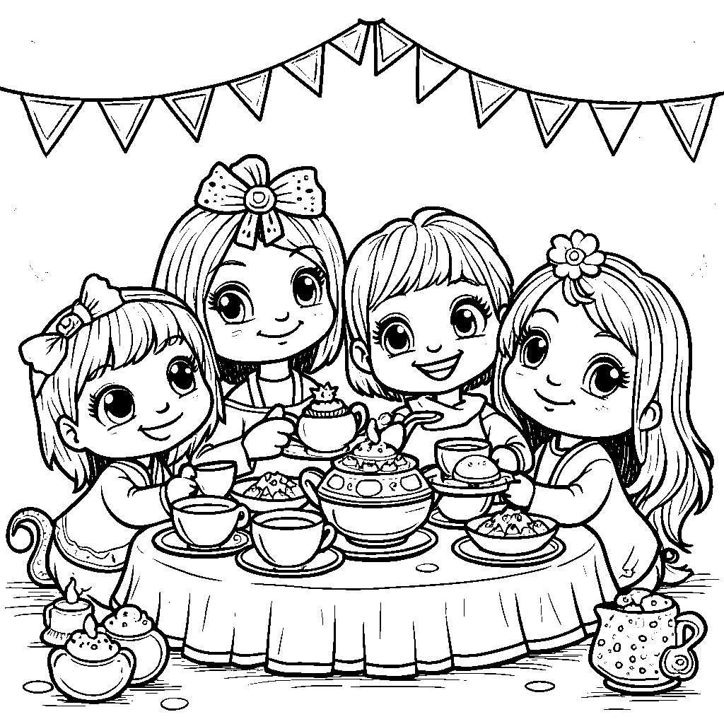 A group of rainbow friends having a tea party