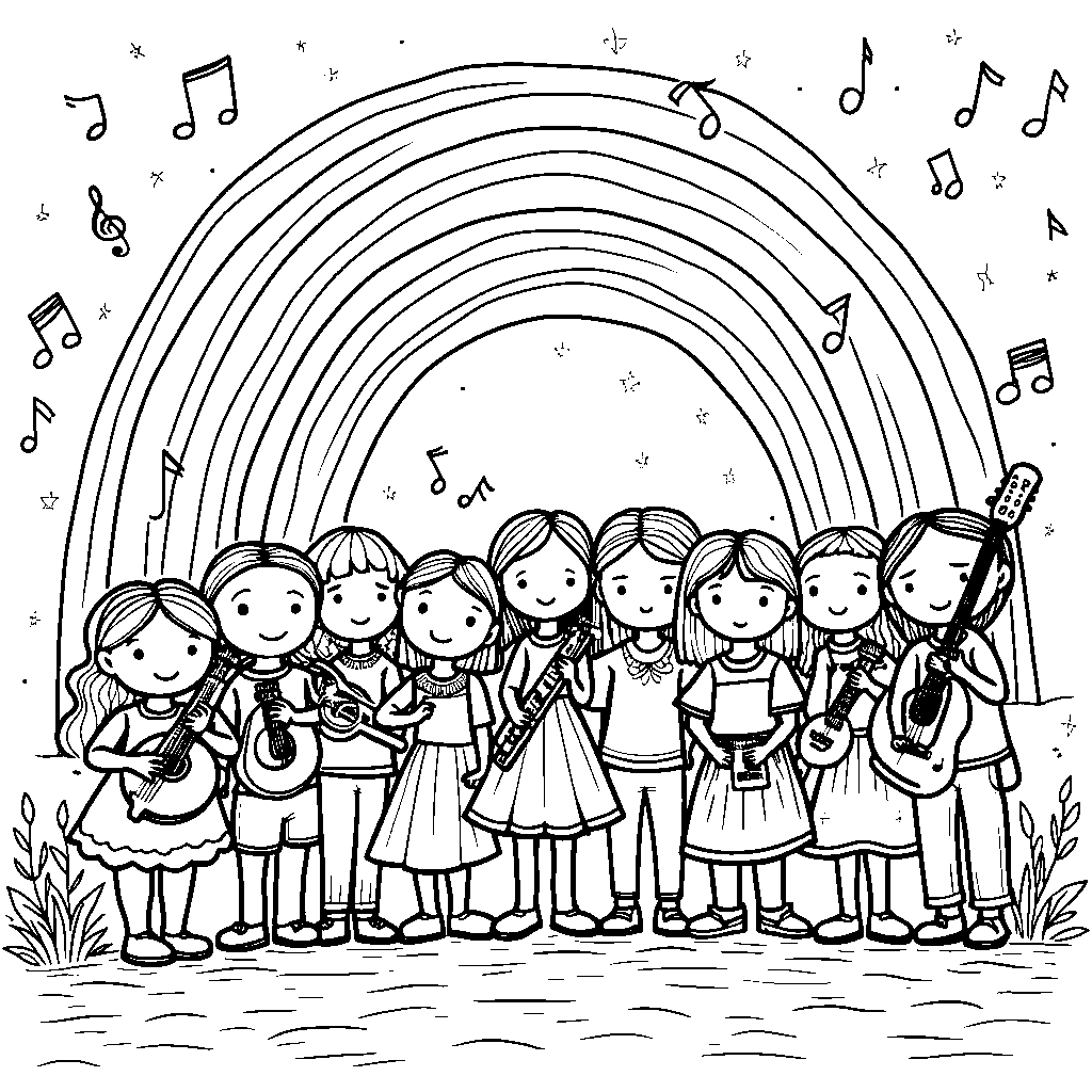 A group of rainbow friends playing musical instruments