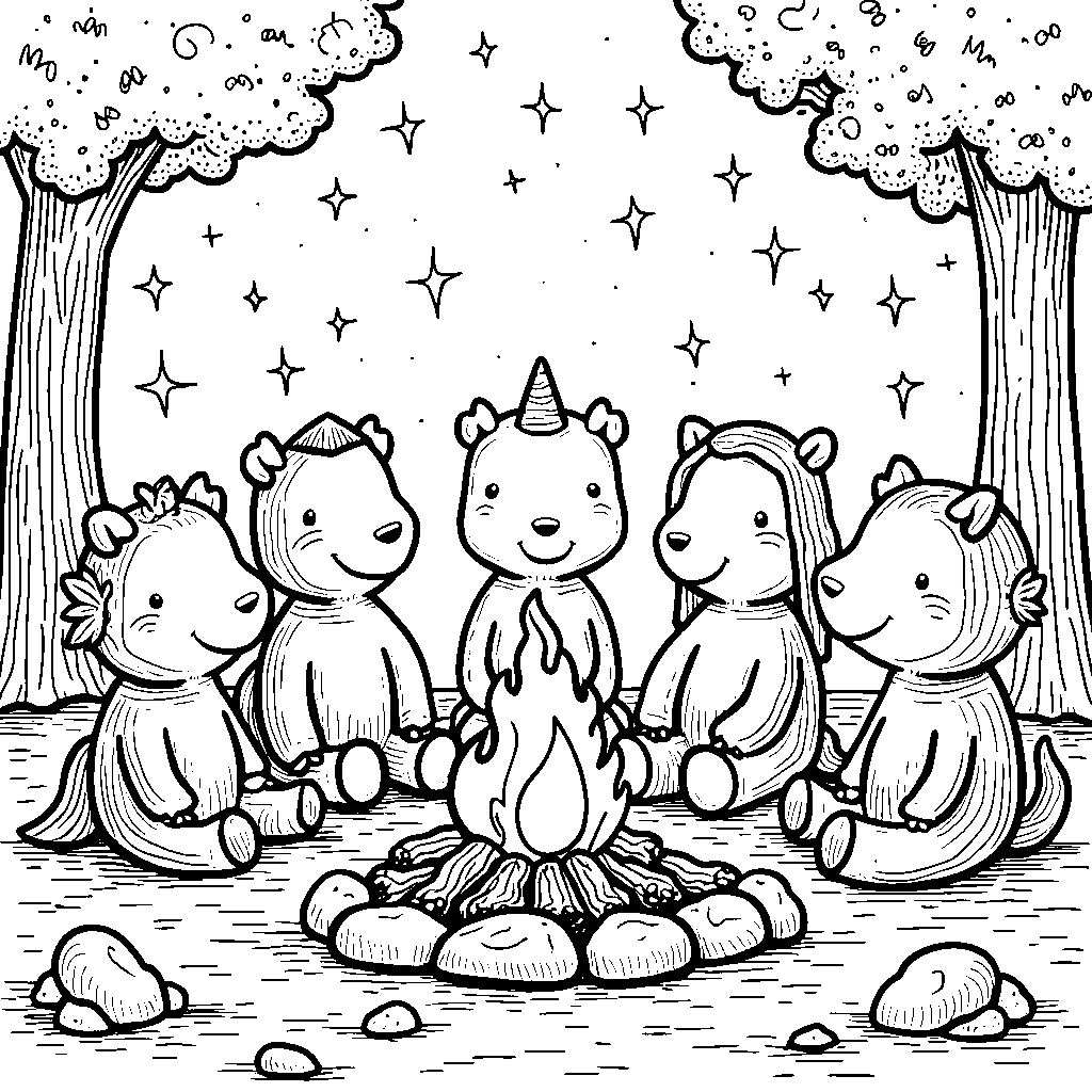 A group of rainbow friends telling stories around a campfire