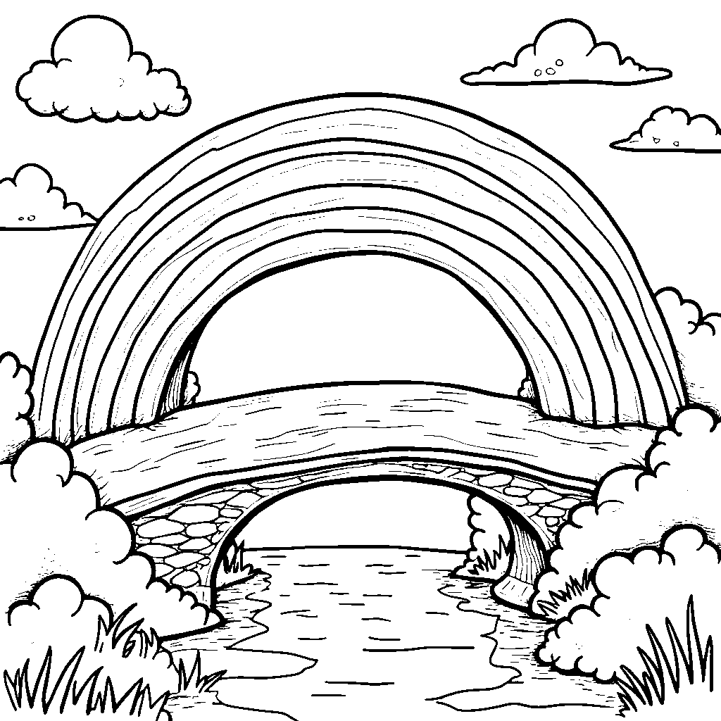 A rainbow bridge connecting two fluffy clouds