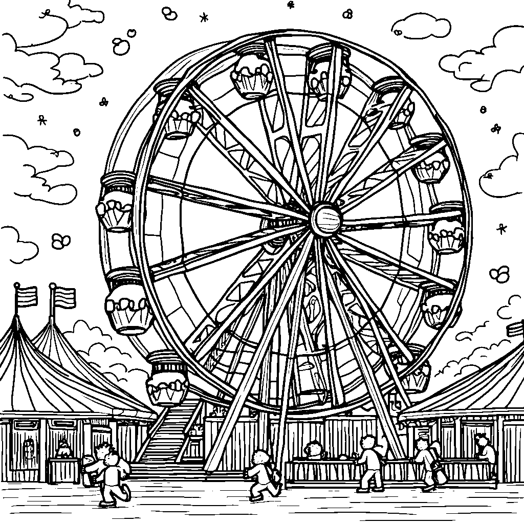 A rainbow-colored Ferris wheel spinning at a carnival