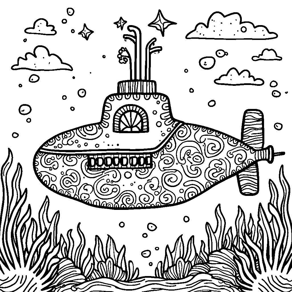 Rainbow-colored submarine exploring the ocean floor