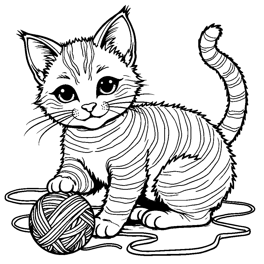 Rainbow-striped cat playing with a ball of yarn