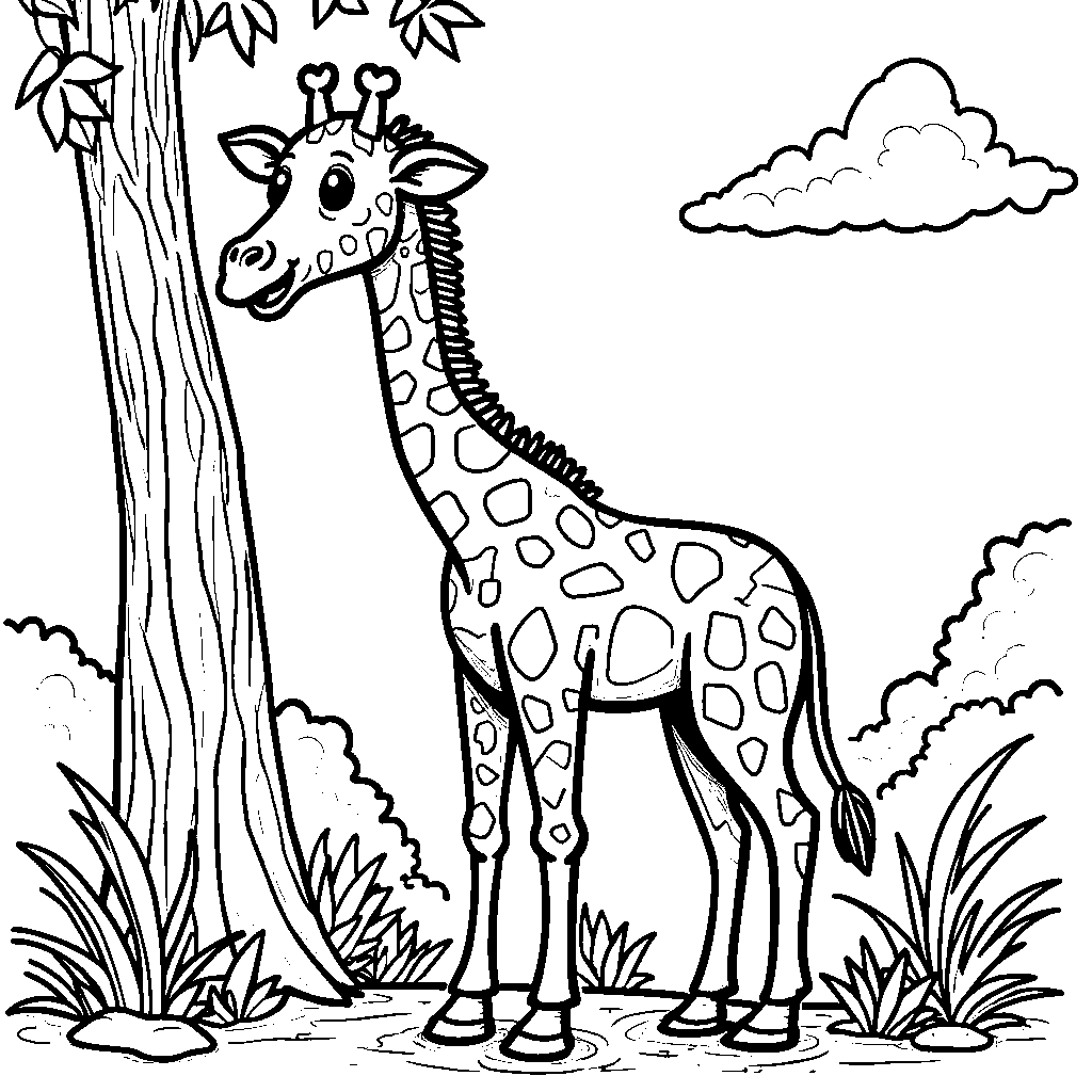 Rainbow-striped giraffe reaching for leaves on a tall tree