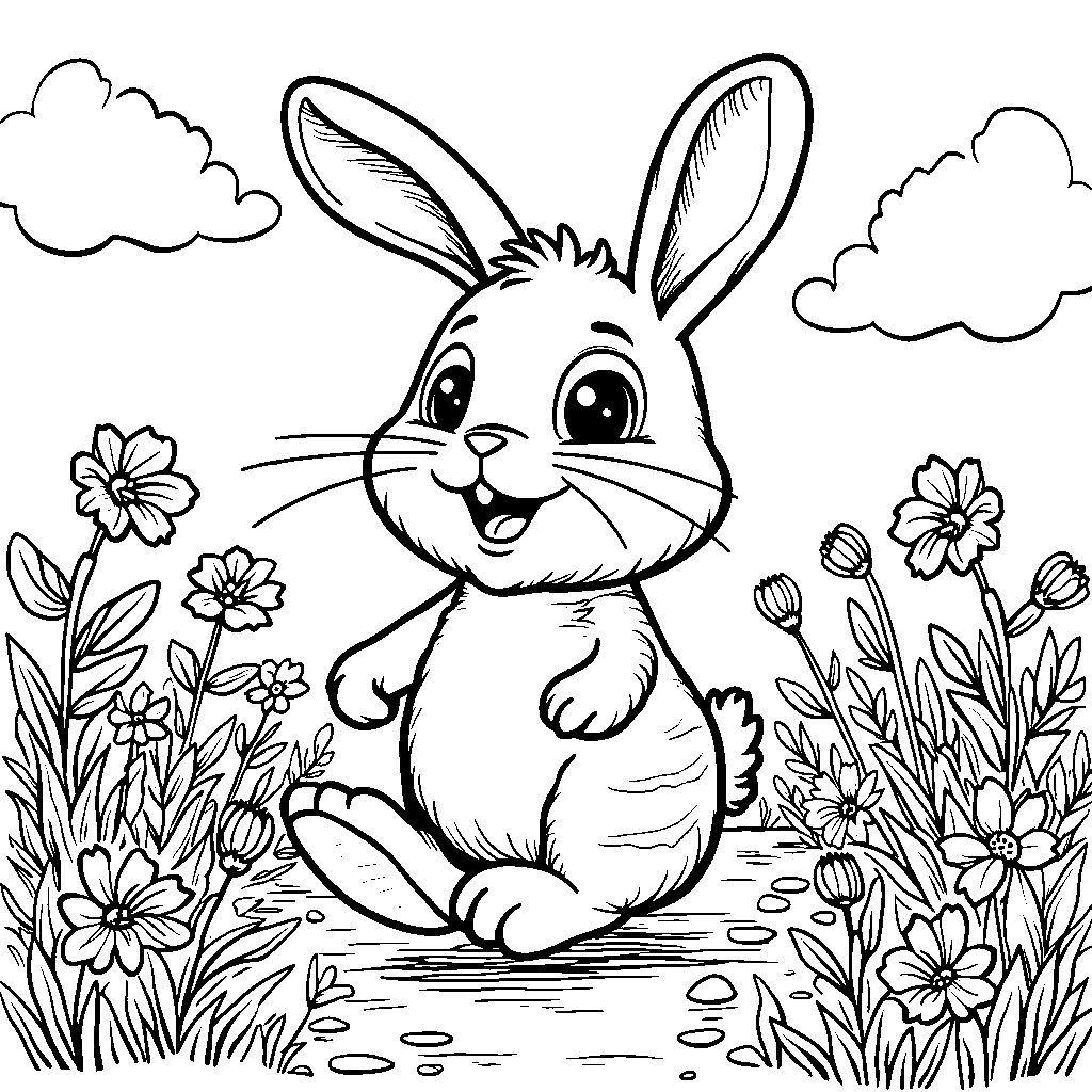 Rainbow-striped rabbit hopping through a field of flowers