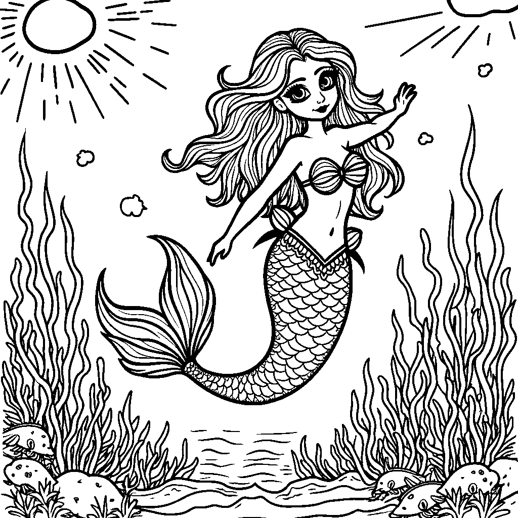 Rainbow-tailed mermaid swimming in the ocean